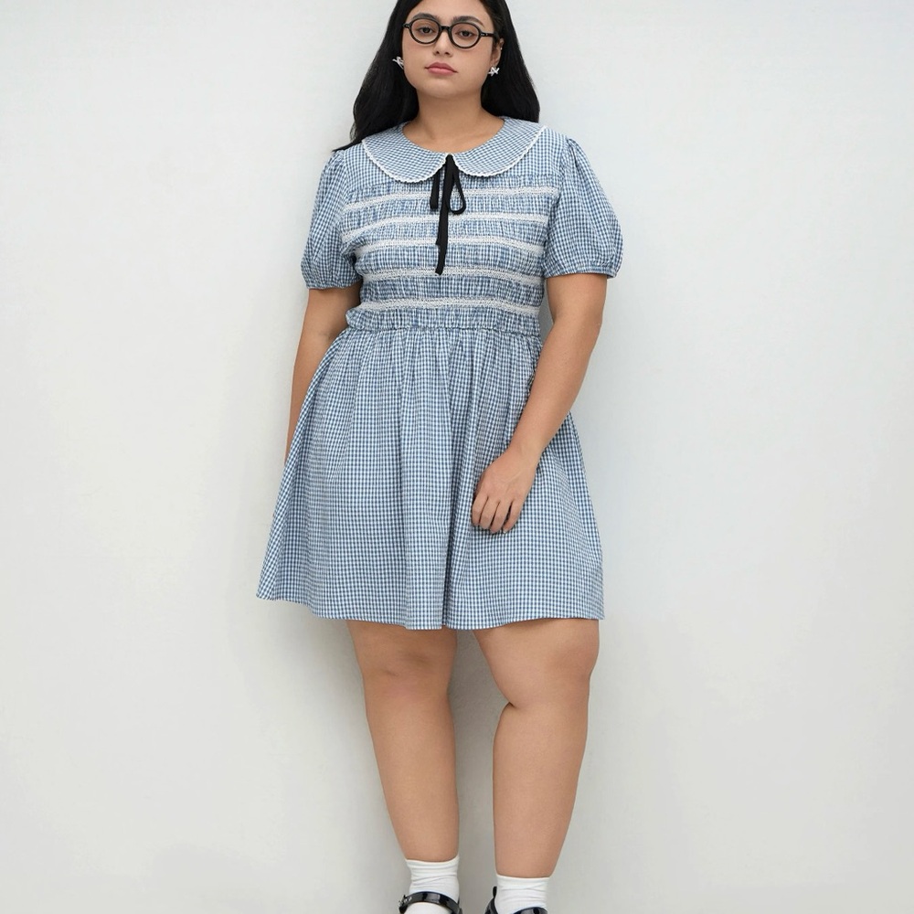 Cider Blue Smocked Tie Front Mini Dress